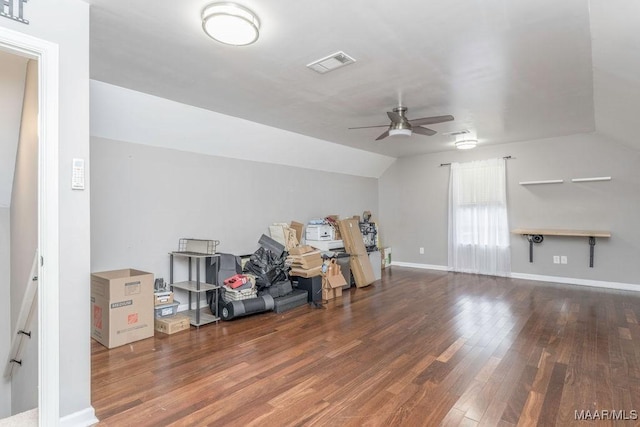 bonus room with wood-type flooring, ceiling fan, and vaulted ceiling