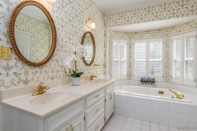 bathroom featuring vanity, tile patterned flooring, and tiled bath