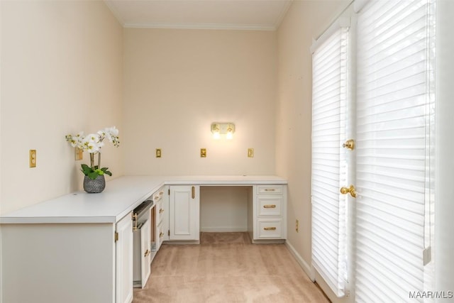 unfurnished office featuring ornamental molding and light colored carpet