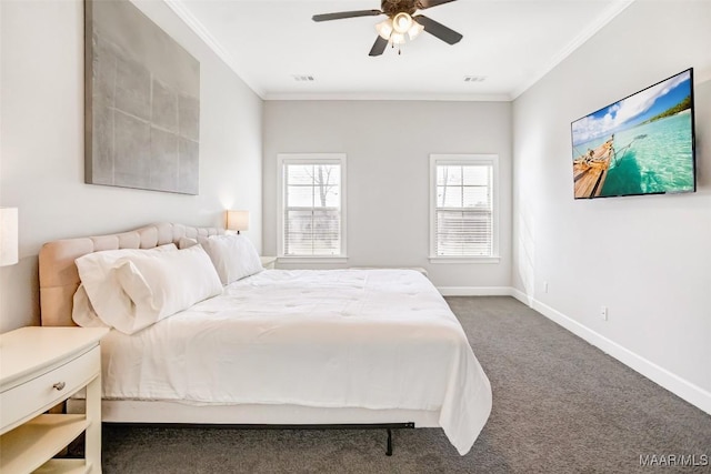 carpeted bedroom with crown molding and ceiling fan