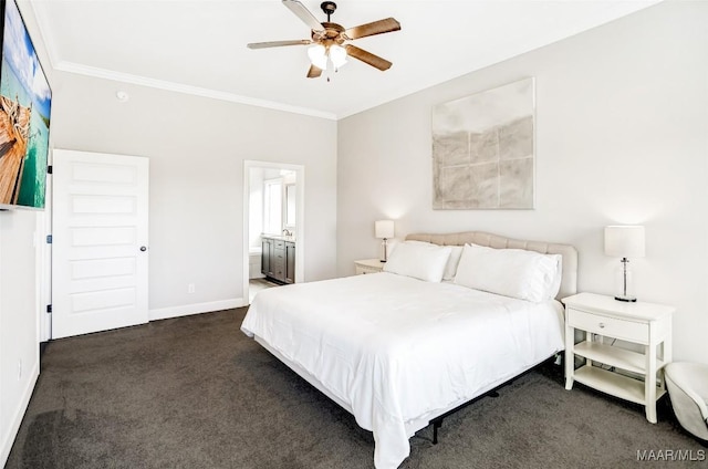 bedroom featuring crown molding, ceiling fan, connected bathroom, and dark colored carpet