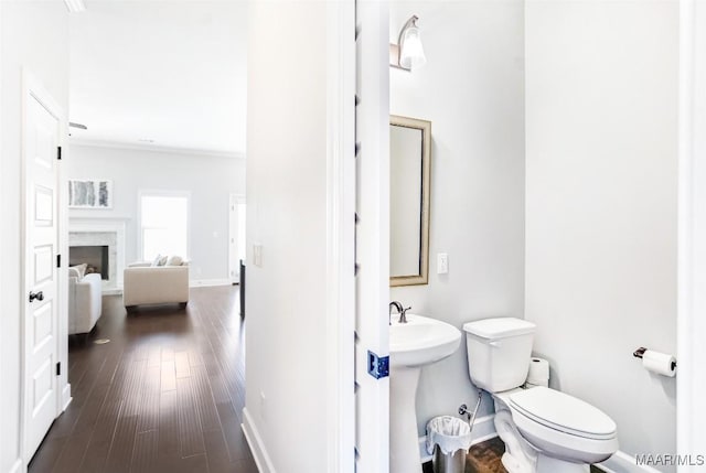 bathroom with a fireplace, wood-type flooring, toilet, and sink