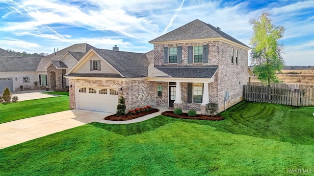 view of front of home with a garage and a front lawn