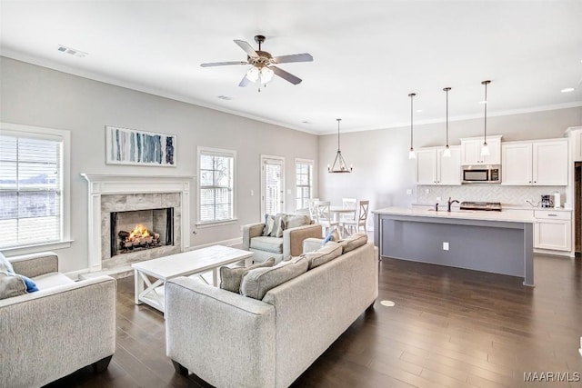 living room featuring sink, crown molding, dark wood-type flooring, a premium fireplace, and ceiling fan