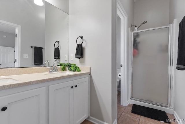 bathroom with tile patterned flooring, vanity, a shower with door, and toilet