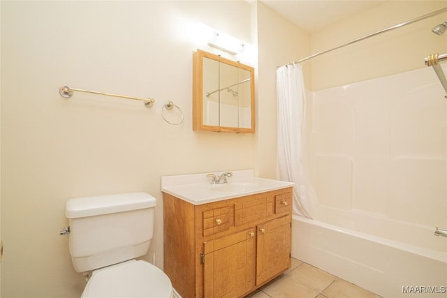 full bathroom featuring vanity, tile patterned floors, shower / bath combination with curtain, and toilet