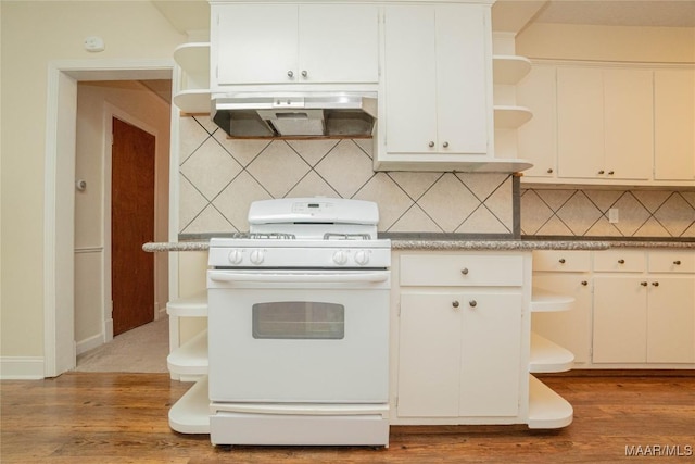 kitchen with white cabinetry, light hardwood / wood-style floors, exhaust hood, and white gas stove