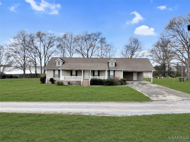 ranch-style house with a porch, a carport, and a front lawn