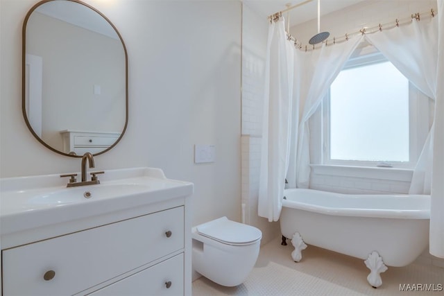 full bathroom with vanity, shower / bathtub combination with curtain, and toilet