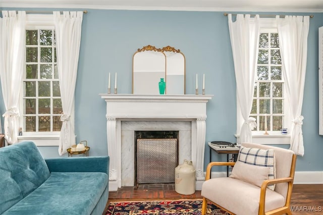 sitting room featuring crown molding and a fireplace