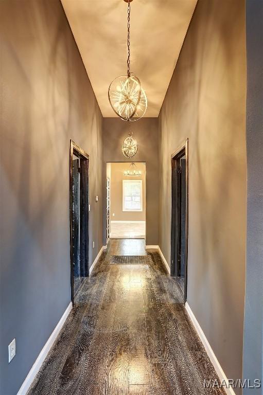 hallway featuring dark hardwood / wood-style flooring and a chandelier