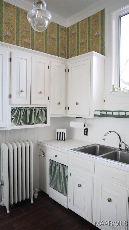 kitchen with crown molding, radiator, sink, and white cabinets