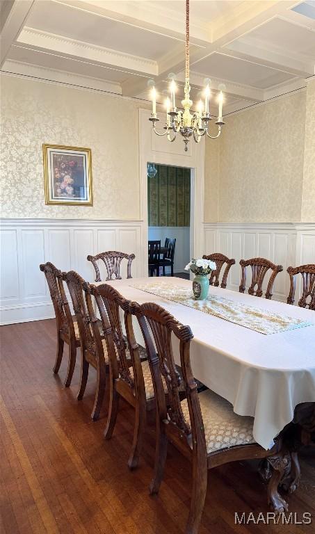 dining room featuring coffered ceiling, dark wood-type flooring, a notable chandelier, and beam ceiling