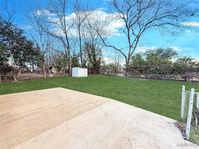 view of yard with a shed and a patio area