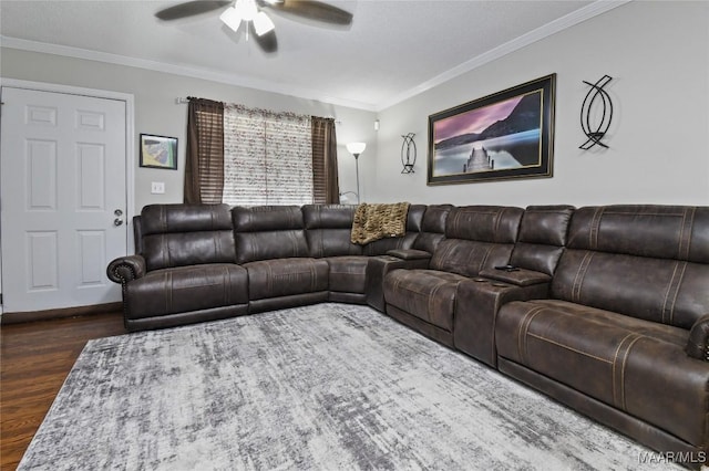 living room featuring crown molding, ceiling fan, and dark hardwood / wood-style floors