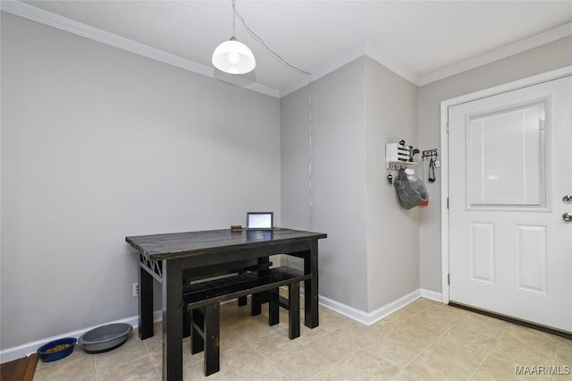 dining space featuring light tile patterned floors and crown molding