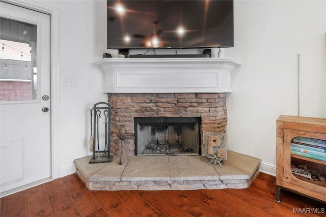 room details with wood-type flooring and a fireplace