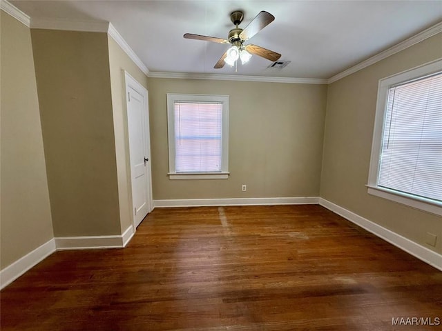 unfurnished room featuring ornamental molding, dark wood-type flooring, and ceiling fan