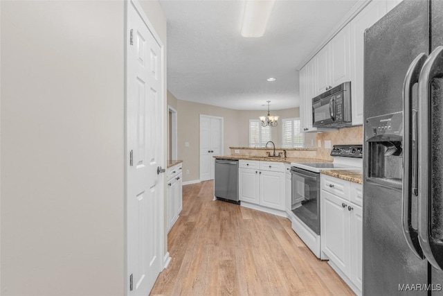 kitchen with electric stove, dishwasher, white cabinetry, hanging light fixtures, and fridge with ice dispenser