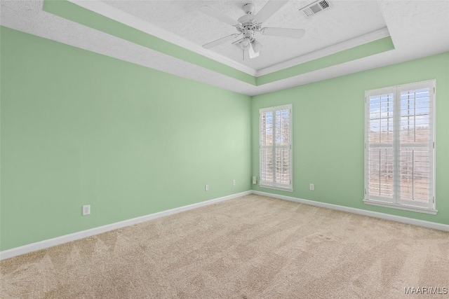 unfurnished room with light colored carpet, a raised ceiling, and a textured ceiling