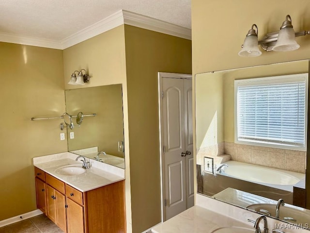 bathroom with vanity, a tub to relax in, tile patterned flooring, and ornamental molding