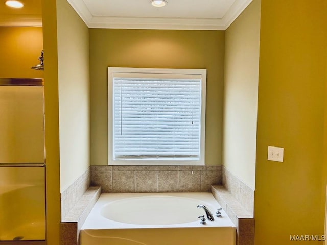 bathroom with ornamental molding and a bathing tub