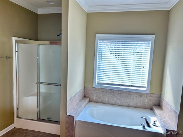 bathroom featuring crown molding, tile patterned floors, and shower with separate bathtub