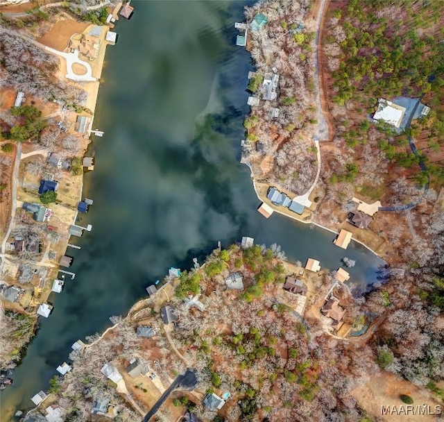 drone / aerial view featuring a water view