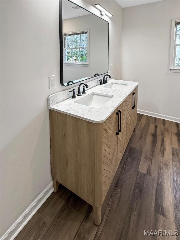 bathroom featuring wood-type flooring, vanity, and plenty of natural light