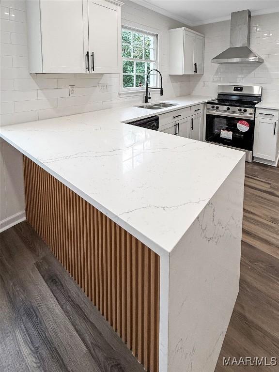 kitchen with wall chimney range hood, sink, kitchen peninsula, and stainless steel electric range oven