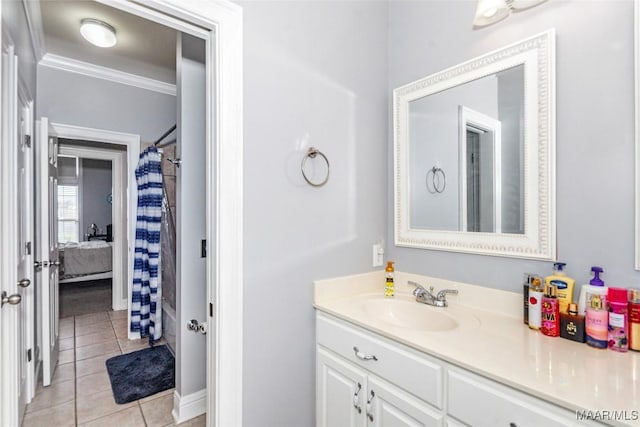 bathroom with vanity, tile patterned flooring, ornamental molding, and shower / tub combo with curtain