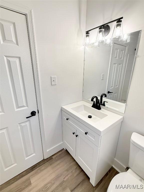 bathroom with vanity, hardwood / wood-style flooring, and toilet