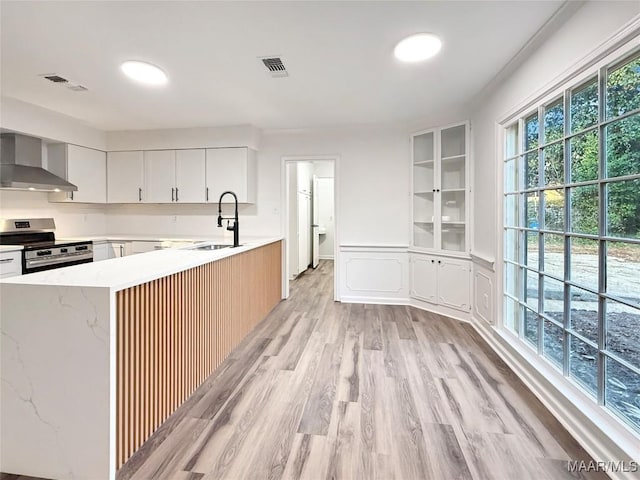 kitchen featuring wall chimney range hood, sink, white cabinets, stainless steel electric stove, and light wood-type flooring