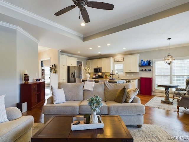 living room featuring sink, a wealth of natural light, dark wood-type flooring, and a tray ceiling