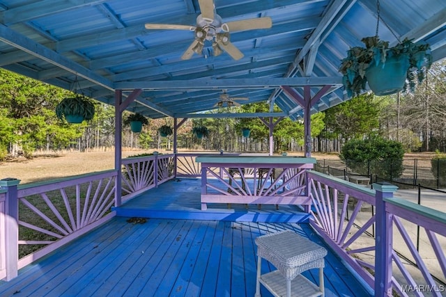 deck featuring a gazebo and ceiling fan