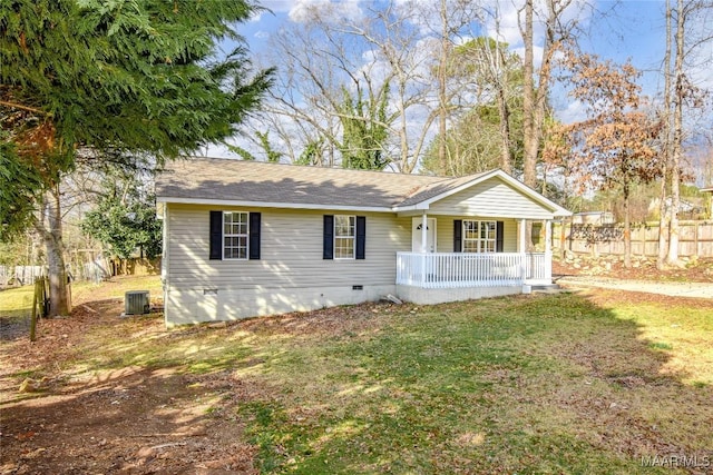 ranch-style house with a front lawn, central air condition unit, and covered porch