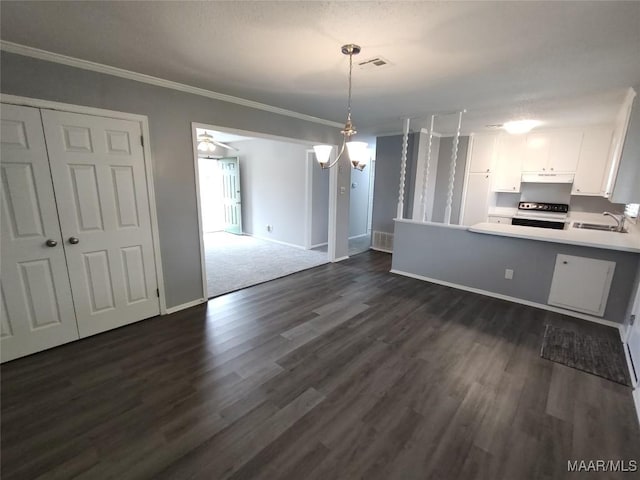 unfurnished dining area with sink, crown molding, ceiling fan with notable chandelier, and dark hardwood / wood-style floors