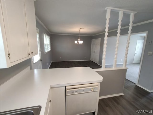 kitchen featuring white cabinetry, dishwasher, crown molding, and kitchen peninsula