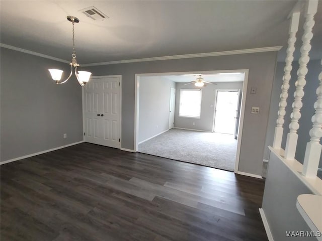 interior space featuring dark hardwood / wood-style flooring, crown molding, and ceiling fan with notable chandelier