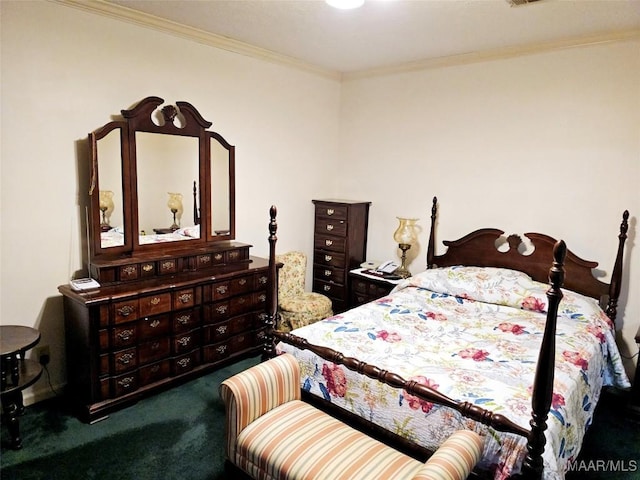 bedroom with crown molding and carpet floors