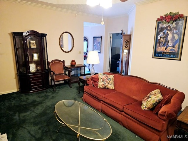 living room with ornamental molding, ceiling fan, and carpet flooring