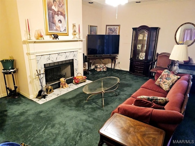 carpeted living room with crown molding and a fireplace