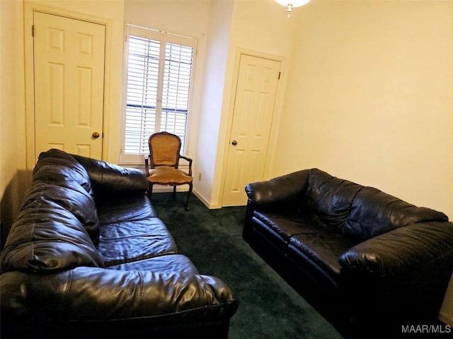 living room featuring dark carpet