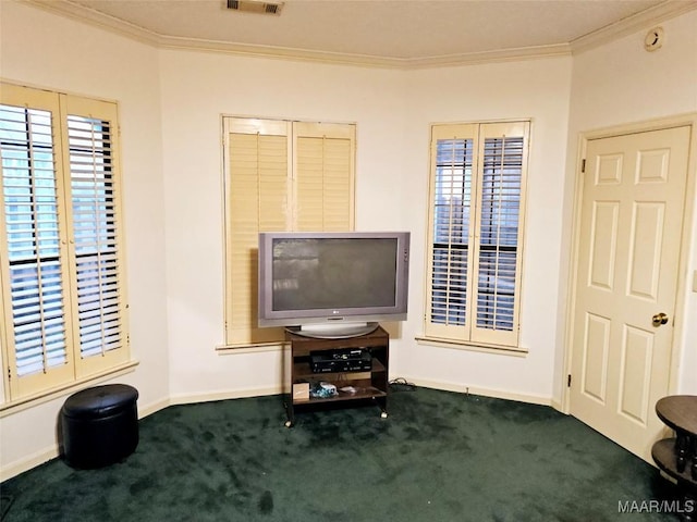 living room with crown molding and dark colored carpet