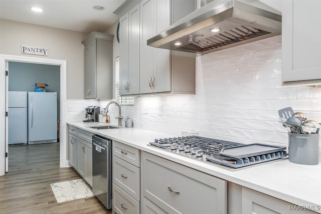 kitchen featuring extractor fan, appliances with stainless steel finishes, sink, gray cabinetry, and decorative backsplash