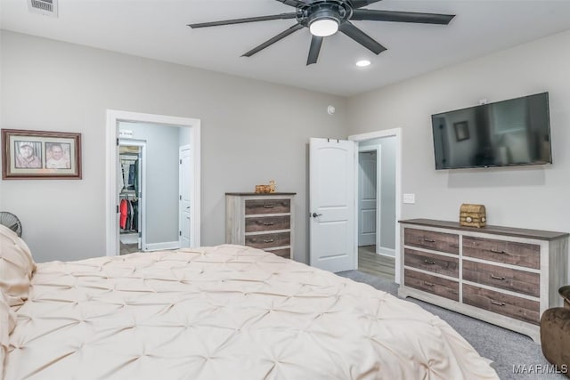 bedroom with a walk in closet, ceiling fan, and a closet