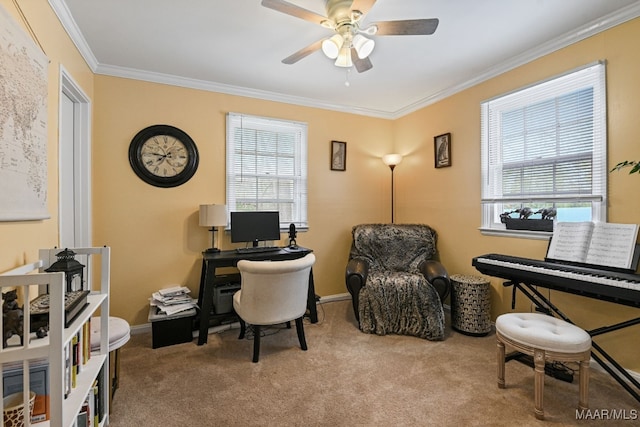 home office with ceiling fan, ornamental molding, light carpet, and a wealth of natural light