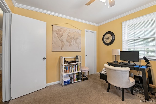 carpeted home office featuring crown molding and ceiling fan