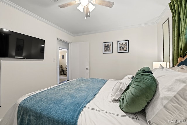 bedroom featuring crown molding and ceiling fan