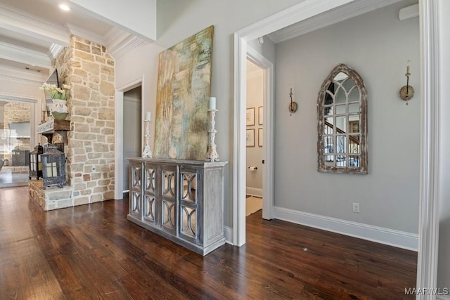 hallway with ornamental molding and dark hardwood / wood-style floors